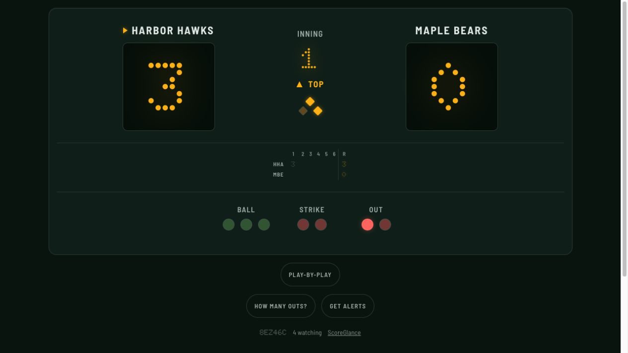 ScoreGlance spectator board for the fictional Harbor Hawks versus Maple Bears game.